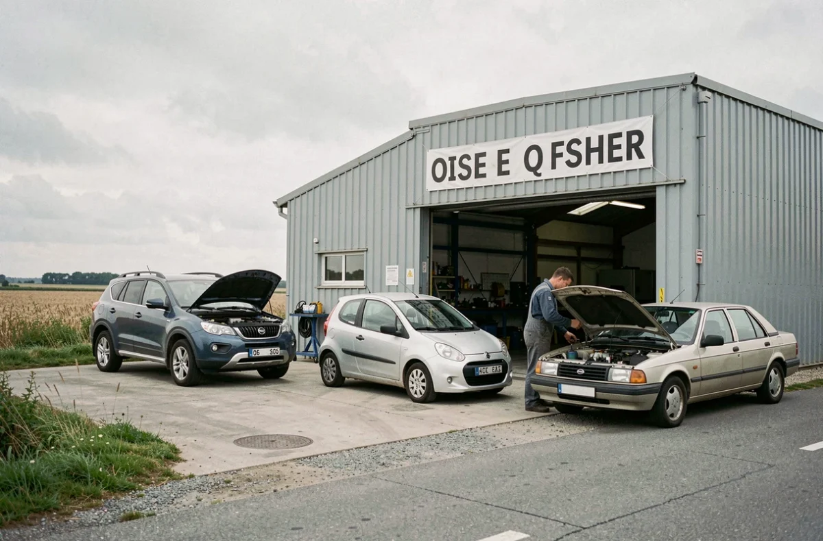 Forecourt du Garage de la Côte dans l'Oise avec plusieurs véhicules multimarques garés devant un atelier de mécanique