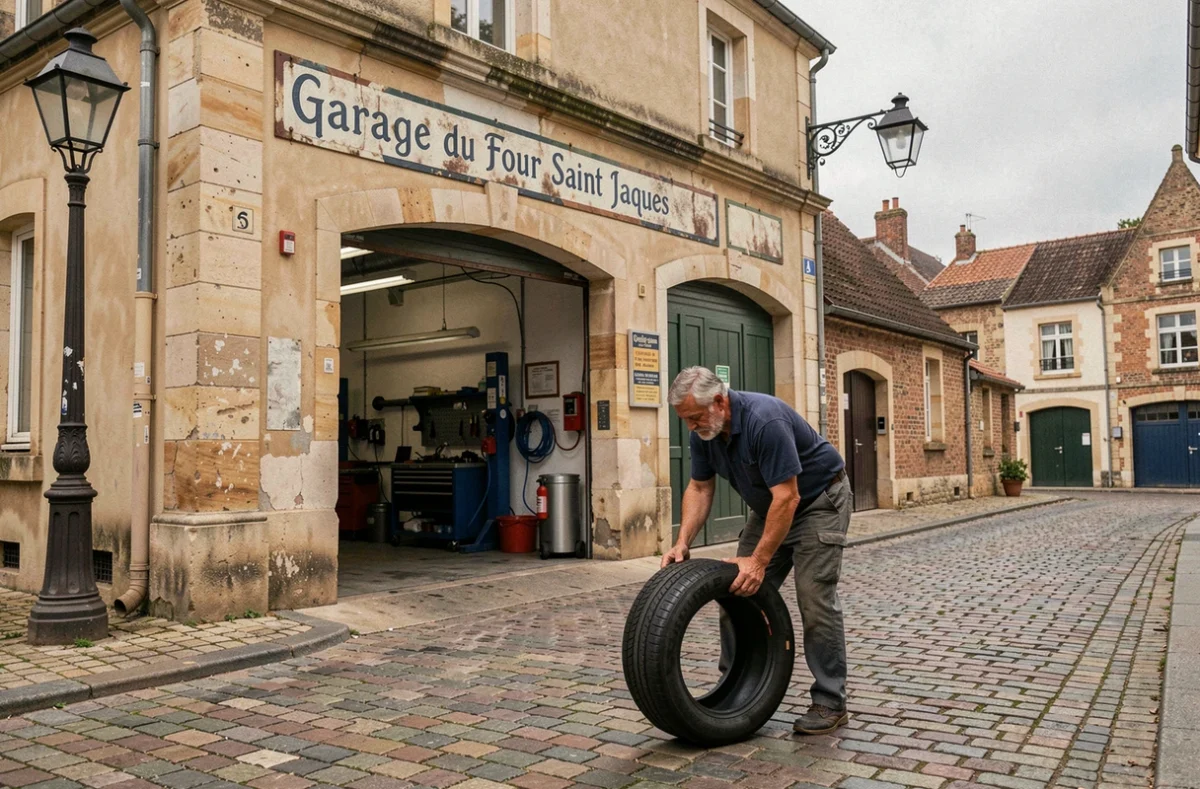 Façade du Garage du Four Saint Jacques à Compiègne avec un mécanicien expérimenté sur le trottoir devant l'atelier de réparation