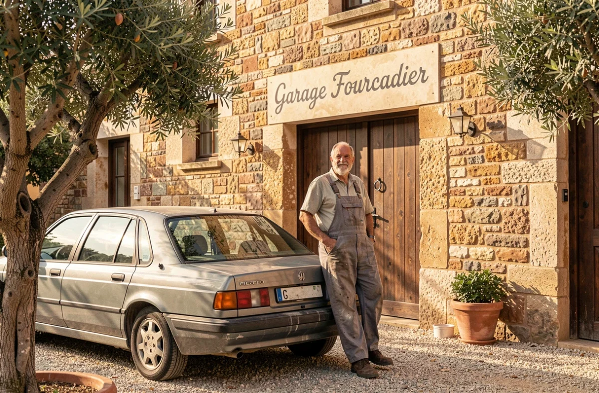 Extérieur du Garage Fourcadier avec un mécanicien expérimenté appuyé sur une voiture d'occasion