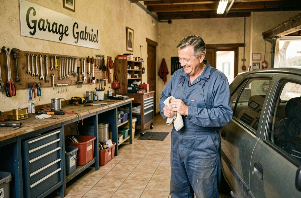 Le Garage Gabriel avec un mécanicien souriant accueillant un client devant une voiture d'occasion