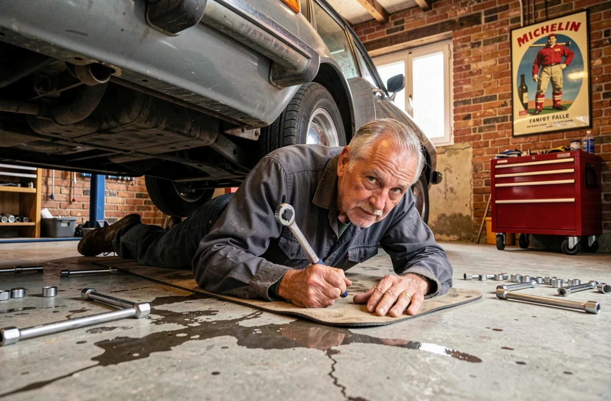 Mécanicien expérimenté du Garage Loubat dans l'Oise travaillant sous une voiture sur un creeper dans un atelier de mécanique générale