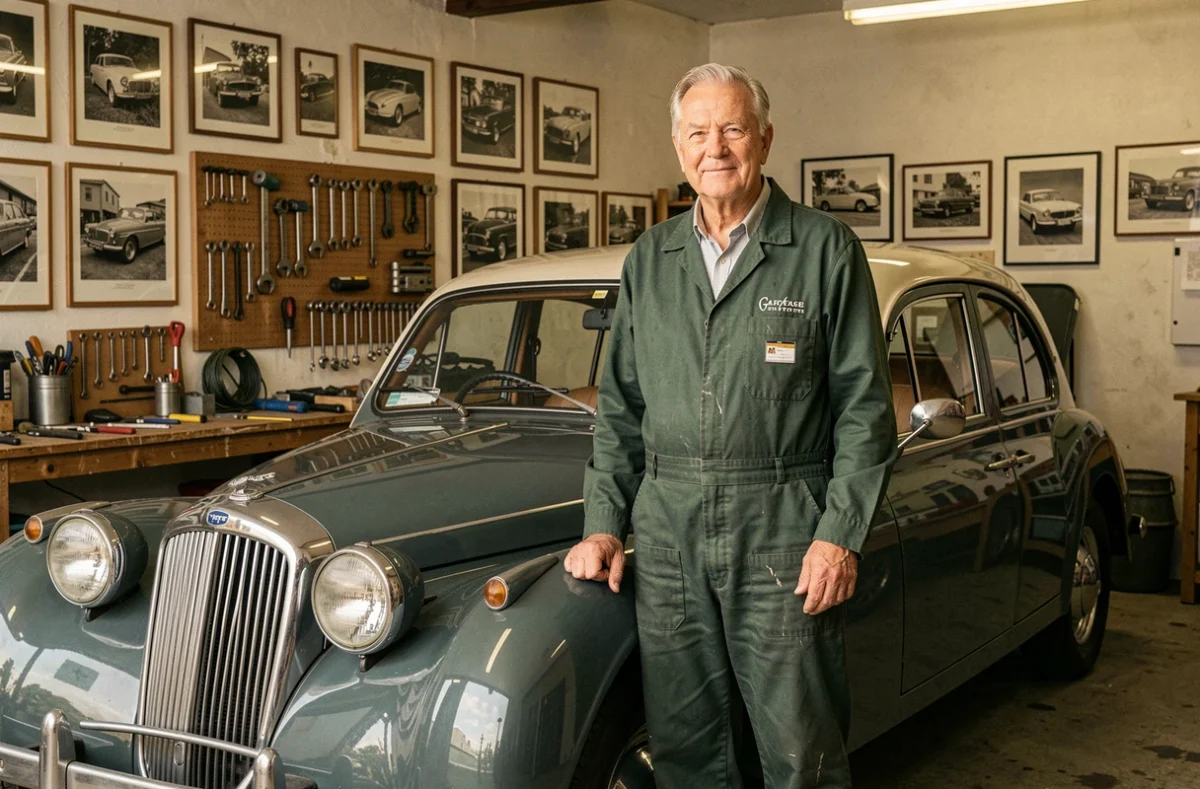 Propriétaire de Garage Lovetere posant fièrement à côté d'une voiture ancienne restaurée dans son atelier emblématique