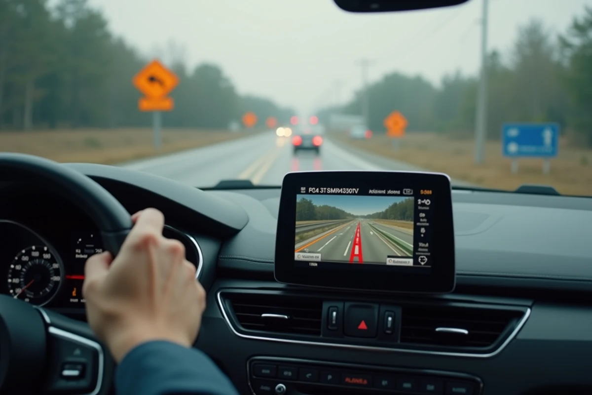 Écran GPS recalculant un itinéraire en temps réel pour éviter un accident sur la route du nord