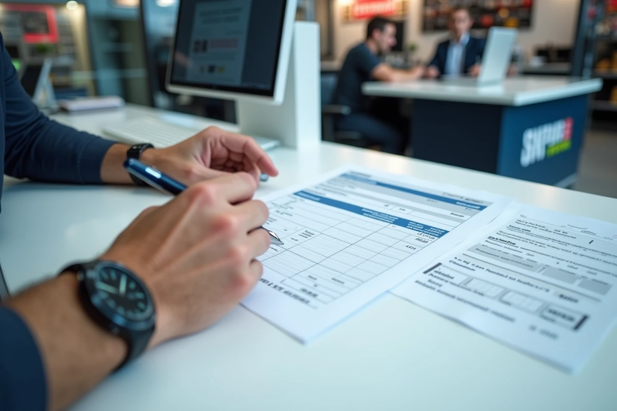 Gros plan sur une carte grise et un devis de prix posés sur un comptoir de centre auto