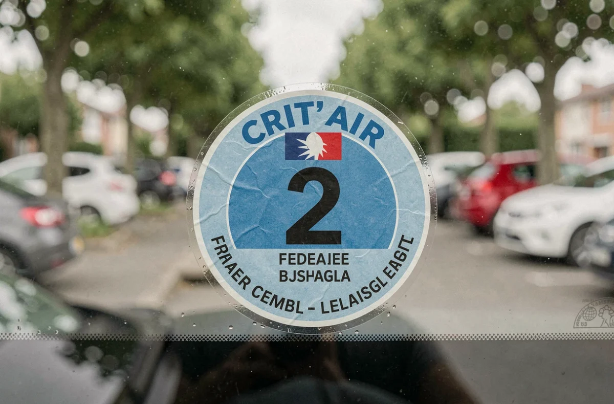 Gros plan sur une vignette Crit'Air 2 bleue officielle collée sur le pare-brise d'un véhicule diesel