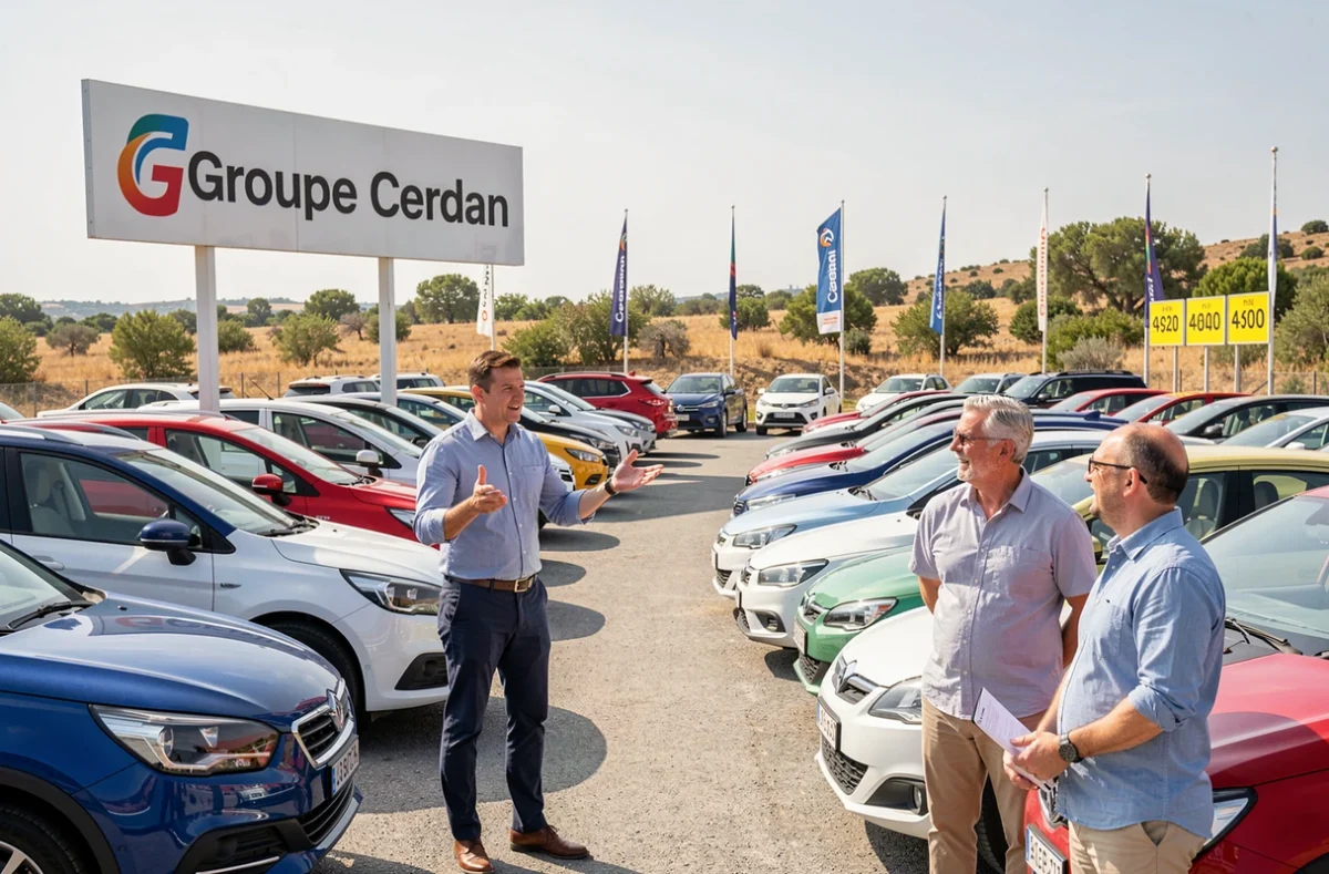 Grand lot du Groupe Cerdan avec un directeur commercial accompagnant des clients entre les véhicules