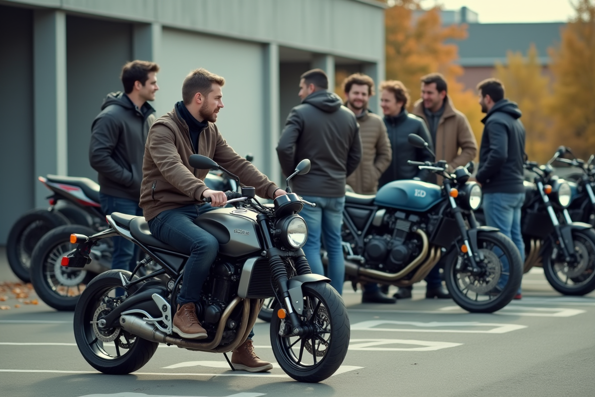 Groupe de motards discutant près de leurs motos en ville