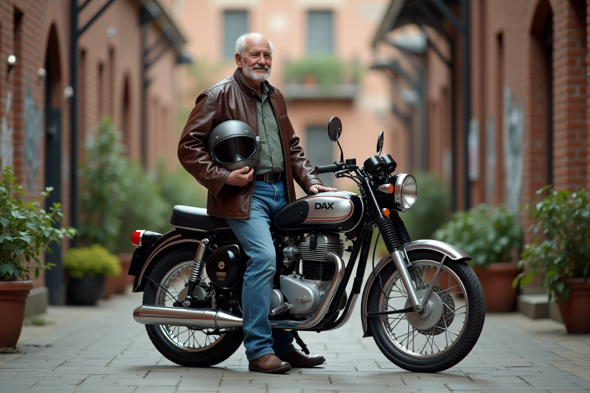 Homme âgé avec moto Dax 50 dans cour urbaine