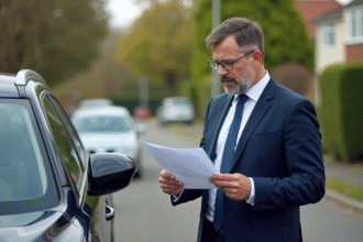 Homme d'âge moyen en costume bleu examine documents à côté de sa voiture