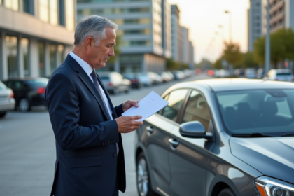 Homme d'affaires examine une lettre d'assurance voiture en ville