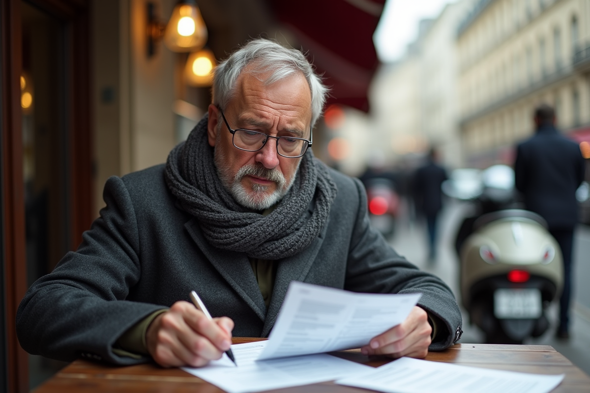 Homme lisant documents de permis de conduire au café