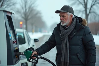Homme en hiver faisant le plein d'une voiture compacte