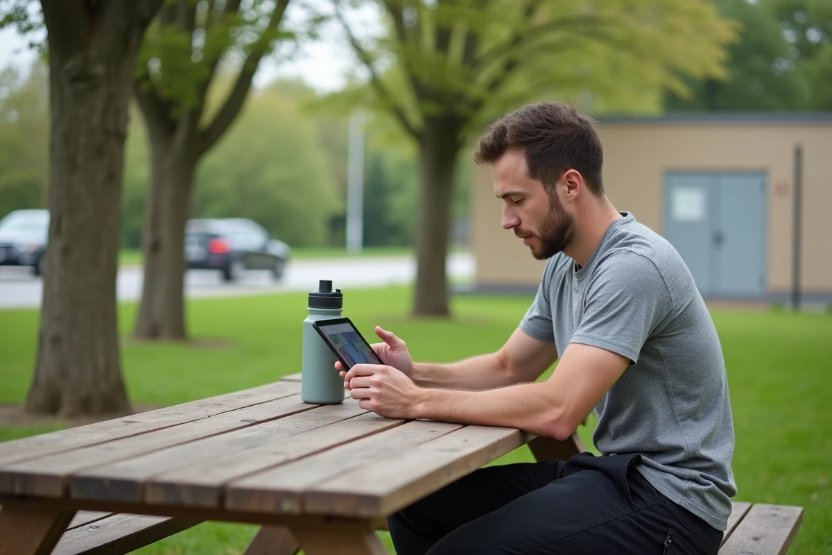 Homme consultant une carte GPS d'autoroute sur tablette lors d'une pause dans une aire de service française