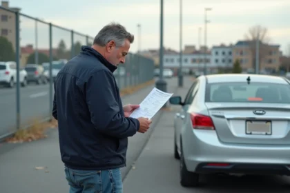 Homme d'âge moyen examinant une contravention dans un parking