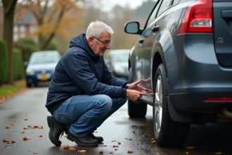 Homme vérifiant le pneu de sa voiture en extérieur