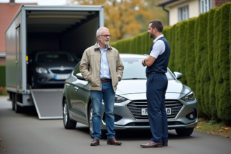 Homme d'âge moyen parlant à un transporteur automobile devant sa voiture
