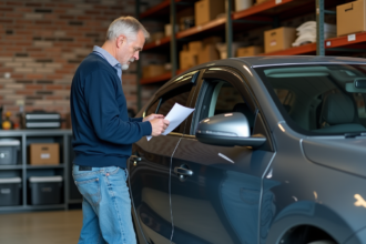 Homme d'âge moyen regardant des papiers dans un garage propre