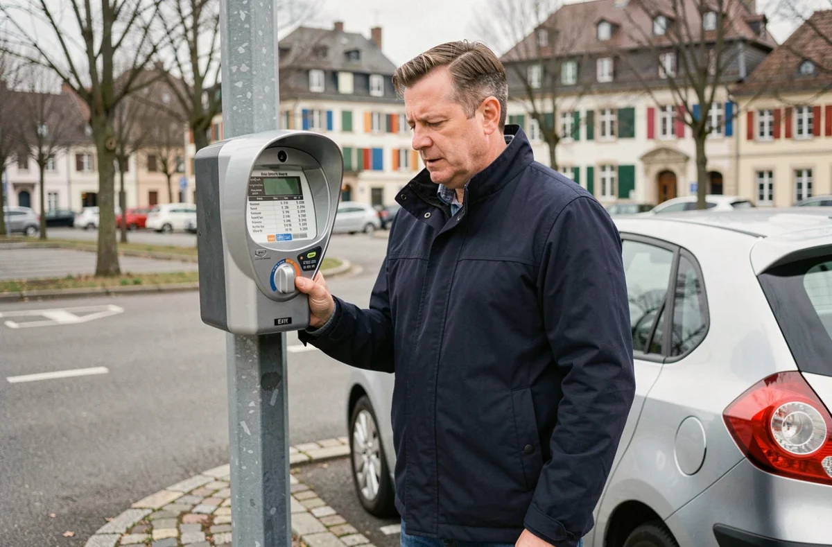 Homme consultant un horodateur dans un parking en plein air à Colmar
