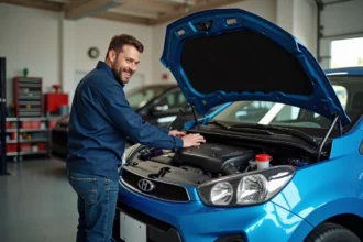 Homme installant un pack performance sous le capot d'une voiture bleue