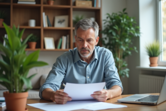 Homme lisant des documents d'assurance auto à la maison
