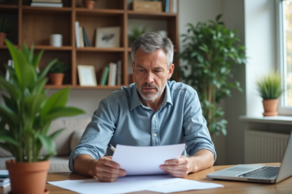 Homme lisant des documents d'assurance auto à la maison