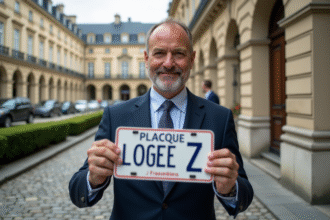 Homme d affaires examine une plaque Z française devant un bâtiment officiel