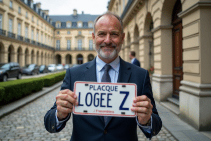 Homme d affaires examine une plaque Z française devant un bâtiment officiel