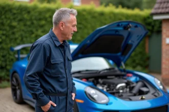 Homme en combinaison inspectant une voiture de rallye dans la cour