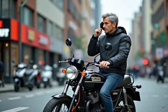 Homme d'âge moyen ajustant son casque sur une moto Kawasaki en ville