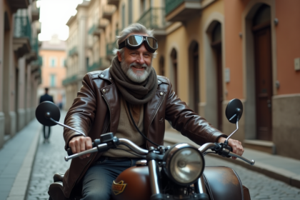 Homme d'âge moyen en moto vintage avec sidecar