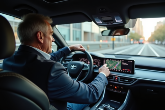 Homme dans sa voiture moderne utilisant le système de navigation