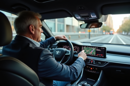 Homme dans sa voiture moderne utilisant le système de navigation