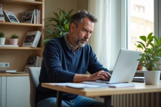Homme d'âge moyen sur un bureau moderne en train de consulter un site auto