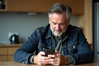 Homme d'âge moyen utilisant son smartphone dans une cuisine moderne