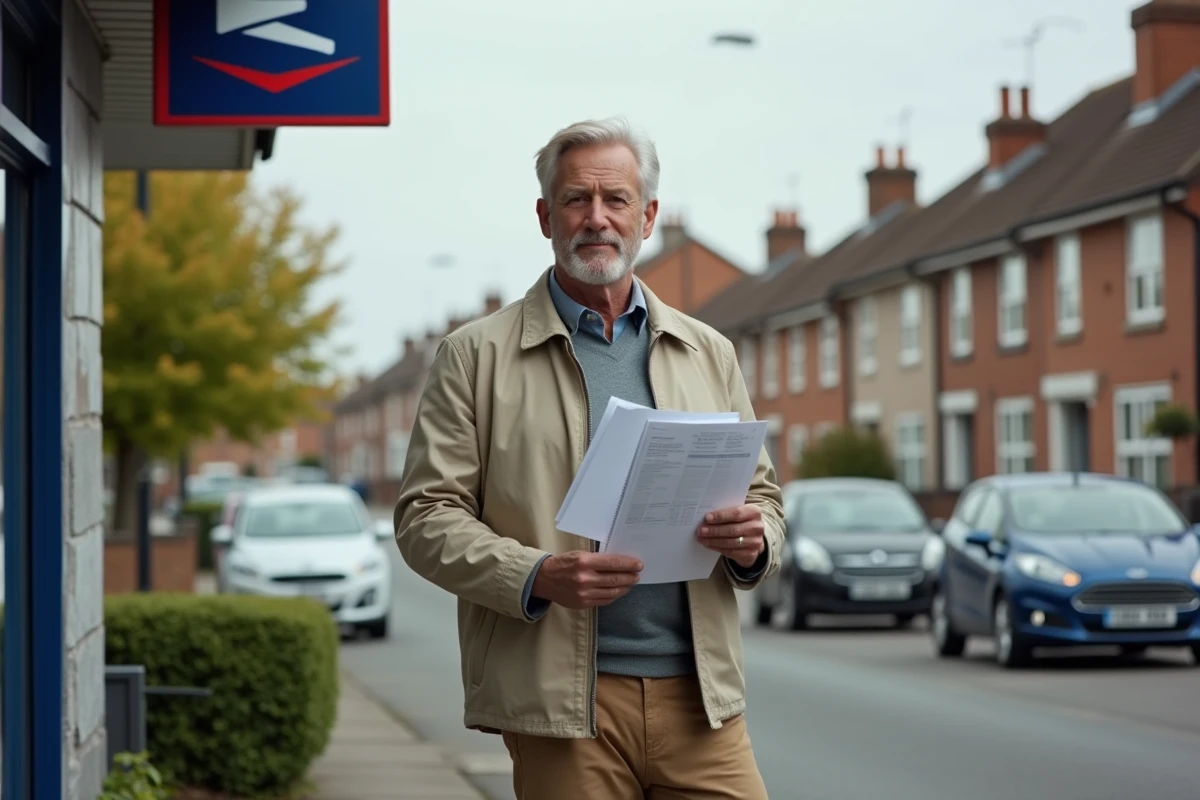 Homme avec dossier de papiers devant un bureau de poste