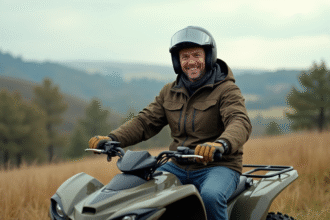 Homme souriant en quad dans un champ verdoyant