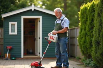 Homme versant du carburant dans un taille-haie rouge