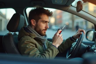 Jeune homme européen avec test d'alcool au volant