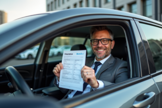 Homme en costume souriant avec document d'assurance voiture