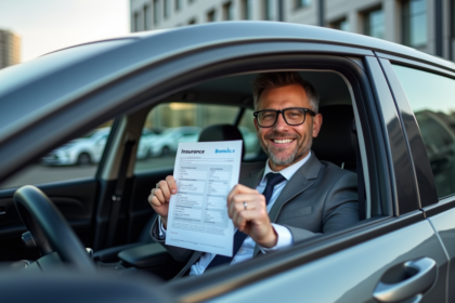 Homme en costume souriant avec document d'assurance voiture