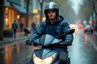 Jeune homme en scooter XMAX 125 sous la pluie en ville