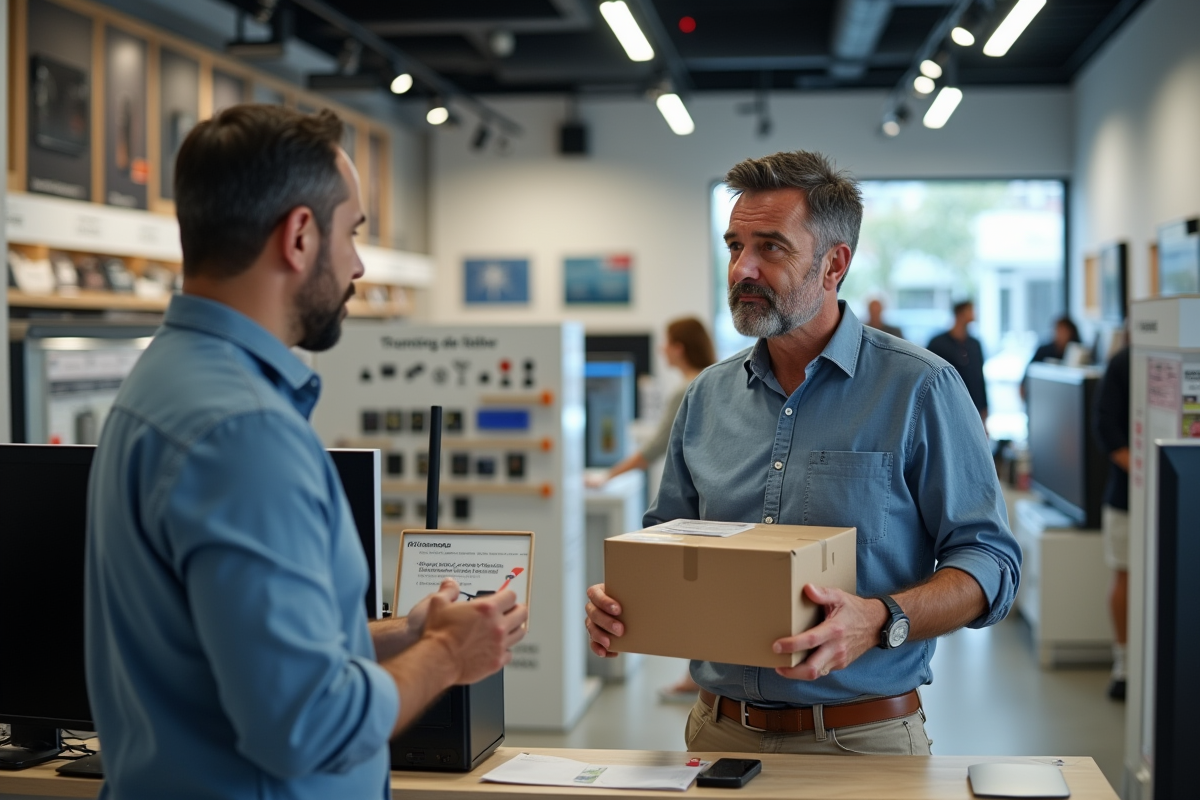 Homme discutant de garantie avec un employé dans un magasin d