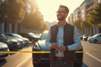 Homme souriant avec ses clés de voiture volée dans un parking en ville