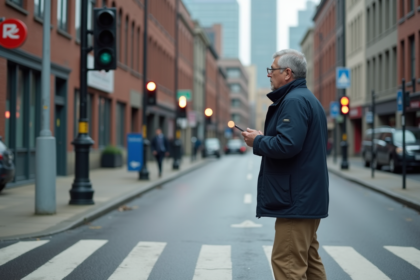 Homme d'âge moyen regardant un feu rouge bloqué en ville