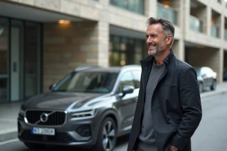 Homme d'âge moyen devant un SUV élégant en ville