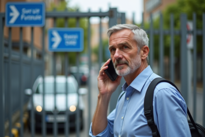 Homme d'âge moyen au téléphone devant un parking urbain