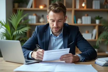 Homme examinant un certificat de cession à son bureau