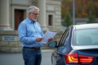 Homme vérifiant papiers de voiture devant un bâtiment administratif