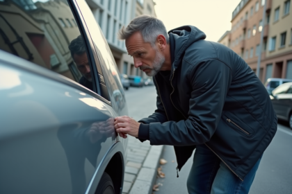 Homme inspectant une rayure sur une voiture argentée en ville