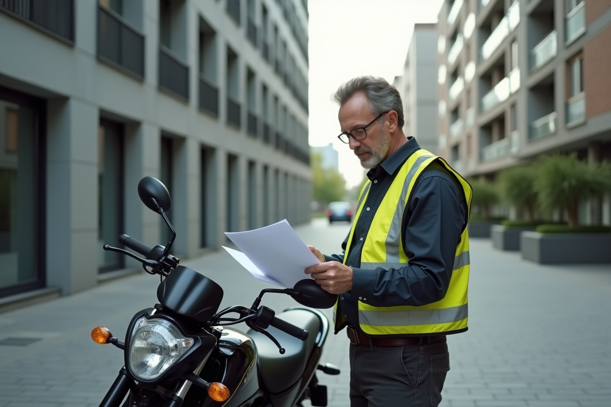 Homme vérifiant documents à côté de sa moto